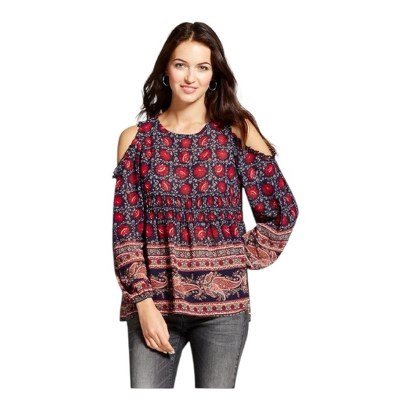 Knox Rose Red Blue Paisley‎ Floral Boho Indie  Relaxed Cut Out Flowy Blouse M - Picture 1 of 10